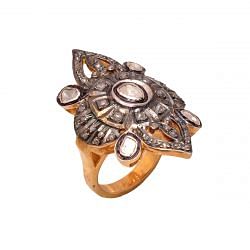 Victorian Jewelry, Silver Diamond Ring With Rose Cut Diamond, And Polki Diamond Studded  In 925 Sterling Silver Gold, Black Rhodium Plating. J-912
