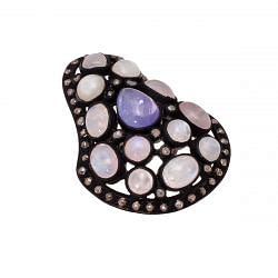 Victorian Jewelry, Silver Diamond Ring With Rose Cut Diamond, Rainbow Moonstone And Tanzanite  Stone Studded In 925 Sterling Silver Black Rhodium Plating. J-914