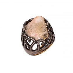 Victorian Jewelry, Silver Diamond Ring With Rose Cut Diamond And Rough Citrine Stone Studded In 925 Sterling Silver Black Rhodium Plating. J-915