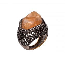 Victorian Jewelry, Silver Diamond Ring With Rose Cut Diamond And Uncut Citrine  Stone Studded  In 925 S Black Rhodium Plating. J-917