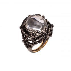 Victorian Jewelry, Silver Diamond Ring With Rose Cut Diamond And Crystal  Stone Studded  In 925 Sterling Silver, Black Rhodium Plating. J-920