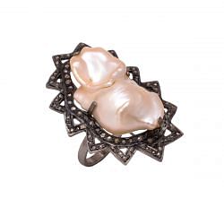 Victorian Jewelry, Silver Diamond Ring With Rose Cut Diamond And Pearl Stone Studded In 925 Sterling Silver Black Rhodium Plating. J-927