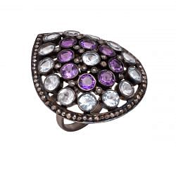 Victorian Jewelry, Silver Diamond Ring With Rose Cut Diamond,Amethyst And Blue Topaz Stone Studded In 925 Sterling Silver Black Rhodium Plating. J-932