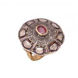 Victorian Jewelry, Silver Diamond Ring With Rose Cut Diamond, Polki Diamond And Ruby Stone Studded In 925 Sterling Silver Gold, Black Rhodium Plating. J-940