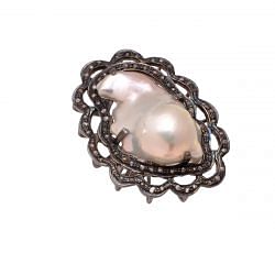 Victorian Jewelry, Silver Diamond Ring With Rose Cut Diamond And Pearl Stone Studded  In 925 Sterling Silver Black Rhodium Plating. J-944