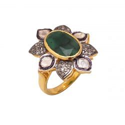 Victorian Jewelry, Silver Diamond Ring With Rose Cut Diamond, Polki Diamond And Emerald Stone Studded  In 925 Sterling Silver Gold, Black Rhodium Plating. J-950