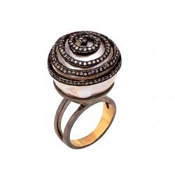 Victorian Jewelry, Silver Diamond Ring With Rose Cut Diamond And Pearl Stone Studded In 925 Sterling Silver Black Rhodium Plating. J-953