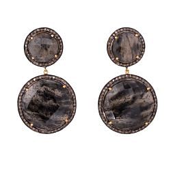 Victorian Jewelry, Diamond Earring With Rose Cut Diamond And Black Rutile Stone Studded In 925 Sterling Silver Gold Plating. J-95