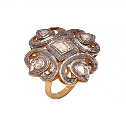 Victorian Jewelry, Silver Diamond Ring With Rose Cut Diamond And Polki Diamond In 925 Sterling Silver Gold, Black Rhodium Plating.J-964