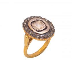 Victorian Jewelry, Silver Diamond Ring With Rose Cut Diamond And Polki Diamond Studded In 925 Sterling Silver Gold, Black Rhodium Plating. J-967
