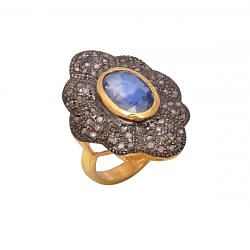 Victorian Jewelry, Silver Diamond Ring With Rose Cut Diamond And Kyanite Stone Studded  In 925 Sterling Silver Gold, Black Rhodium Plating. J-978