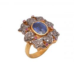 Victorian Jewelry, Silver Diamond Ring With Rose Cut Diamond And Kyanite Stone Studded  In 925 Sterling Silver Gold, Black Rhodium Plating. J-979