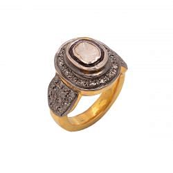 Victorian Jewelry, Silver Diamond Ring With Rose Cut Diamond And Polki Diamond Stone Studded In 925 Sterling Silver Gold, Black Rhodium Plating. J-981