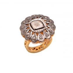 Victorian Jewelry, Silver Diamond Ring With Rose Cut Diamond And Polki Diamond Stone Studded In 925 Sterling Silver Gold, Black Rhodium Plating. J-982
