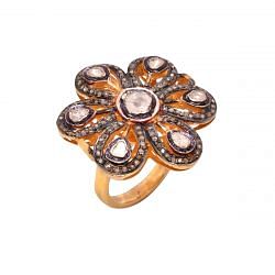 Victorian Jewelry, Silver Diamond Ring With Rose Cut Diamond And Polki Diamond Stone Studded In 925 Sterling Silver Gold, Black Rhodium Plating. J-987