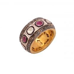 Victorian Jewelry, Silver Diamond Ring With Rose Cut Diamond, Polki Diamond And Ruby Stone Studded  In 925 Sterling Silver Gold, Black Rhodium Plating. J-988