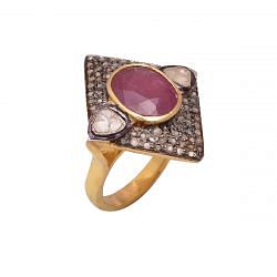 Victorian Jewelry, Silver Diamond Ring With Rose Cut Diamond, Polki Diamond And Ruby Stone Studded  In 925 Sterling Silver Gold, Black Rhodium Plating. J-989