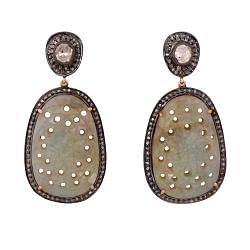 Victorian Jewelry, Diamond Earring With Rose Cut Diamond And Sapphire Stone Studded In 925 Sterling Silver Gold Plating. J-98