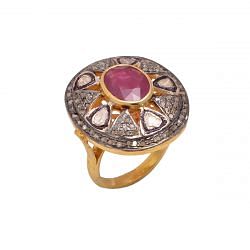 Victorian Jewelry, Silver Diamond Ring With Rose Cut Diamond, Ruby And Polki Diamond Stone Studded  In 925 Sterling Silver Gold, Black Rhodium Plating. J-993
