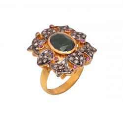 Victorian Jewelry, Silver Diamond Ring With Rose Cut Diamond And Emerald Stone Studded  In 925 Sterling Silver Gold, Black Rhodium Plating. J-997