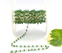Handmade 925 Sterling Silver Gold Rosary Chain Studded With Green Onyx, Sold By foot - 2mm Size 