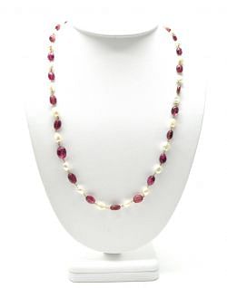  14k Solid Gold Necklace Studded With Natural Pearl And Rubelite Stone - 8X7 MM, SGGRC-180