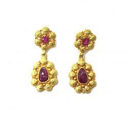  18K Solid Yellow Gold  Earring Flower Shape  With Natural Ruby Stone Studded, SGTAN-1126, Sold By 1 Pcs.