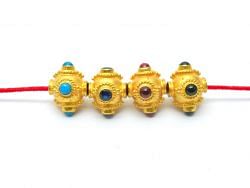 18K Solid Yellow Gold Handmade Roundel Shape 8X8X10,5 mm Bead With Stone Studded, SGTAN-0606, Sold By 1 Pcs.