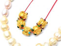 18K Solid Yellow Gold Handmade Roundel Shape 9x9mm Bead With Stone Studded, SGTAN-0607, Sold By 1 Pcs.
