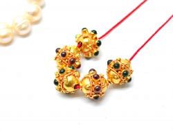 18K Solid Gold Beads Studded with Hydro Emerald and Ruby Stone - SGTAN-0712, Sold By 1 Pcs.