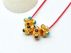 Handmade 18K Solid  Yellow Gold Beads  With  Hydro Emerald and Ruby Stone , 8X5mm  - SGTAN-0730, Sold By 1 Pcs.